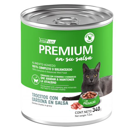 Pack x12 Vitalcan Premium Gato Adulto – Trocitos con Sardina en Salsa 340g