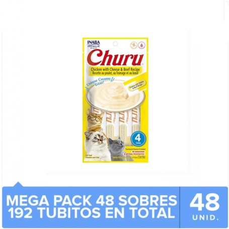 Pack 48 Golosina Churu Gato Pollo con Queso y Carne x 4unds