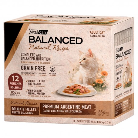 Pack 12 Pouch Gato Adulto Vitalcan Balanced Natural Recipe Filetes Carne