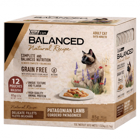 Pack 12 Pouch Gato Adulto Vitalcan Balanced Natural Recipe Cordero Patagonico