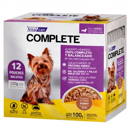 Pack 12 Pouch Vitalcan Complete Trocitos en Salsa Carne Perro Adulto Raza Pequena 100g